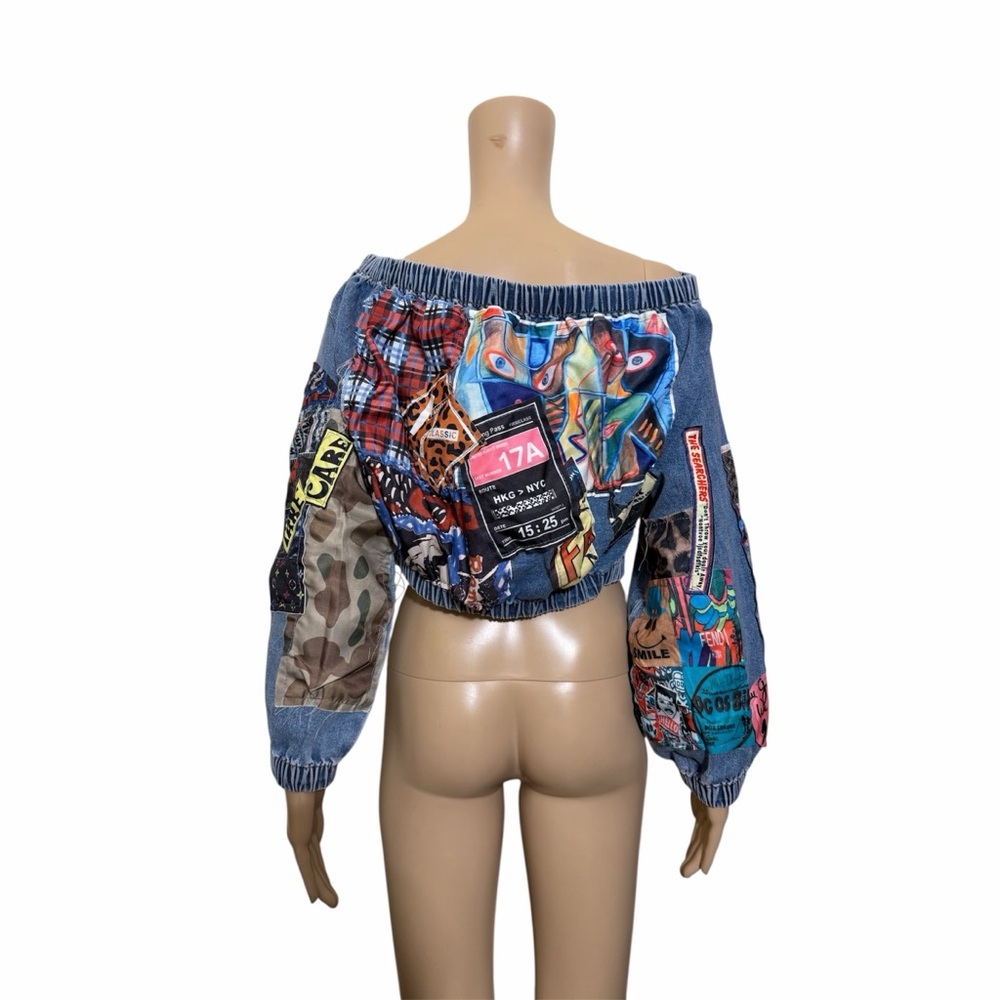 AKIRA Denim Patchwork Crop Top - Blue, Black, White - Picture 6 of 8